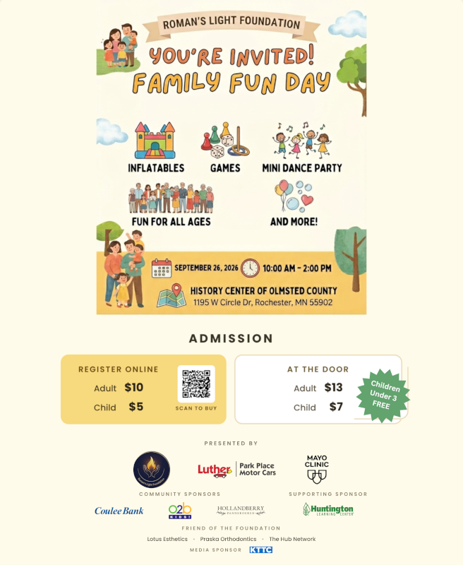 Family Fun Day flyer with event details for Roman's Light Foundation